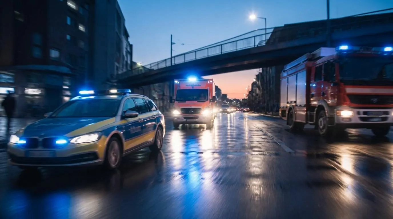 Servicios de emergencia Coche de policía, ambulancia y camión de bomberos en una intervención con las luces azules encendidas sobre una calzada mojada: formación en conducción de vehículos prioritarios para servicios de emergencias sanitarias, bomberos y policía
