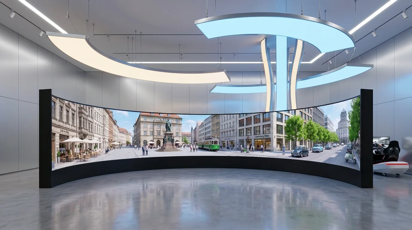 LED-Sichtsysteme Showroom-Visualisierung: gebogenes LED-Sichtsystem mit Stadtpanorama und geschwungenen LED-Lichtpanels an der Decke, seitlich ein SIFAT-Rennsimulator