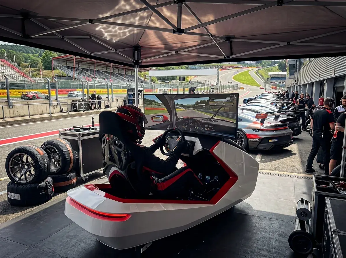 Automovilismo Piloto con casco en un simulador de carreras SIFAT en el pit lane de un circuito: automovilismo virtual de competición