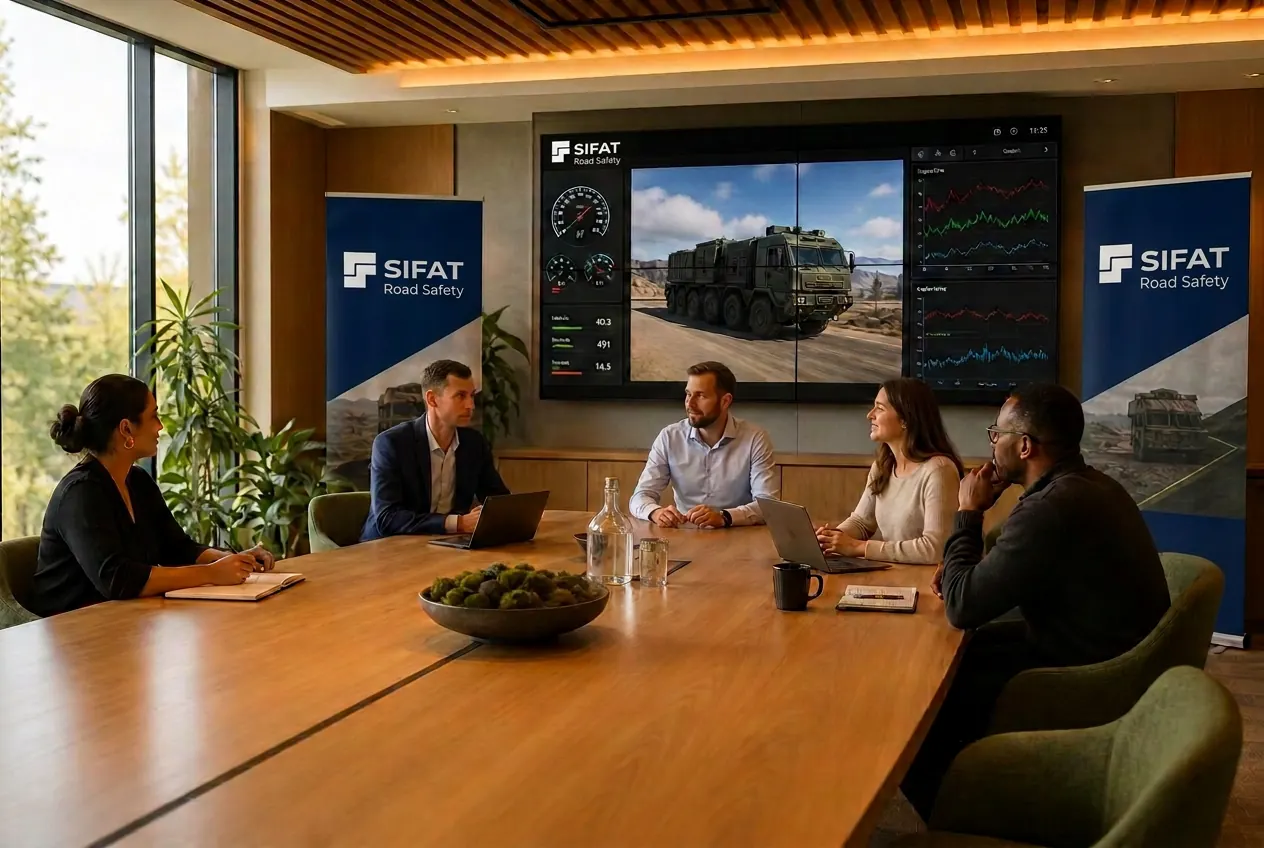 The SIFAT Road Safety GmbH team The SIFAT team during a discussion in the Berlin meeting room, with a video wall and SIFAT roller banners